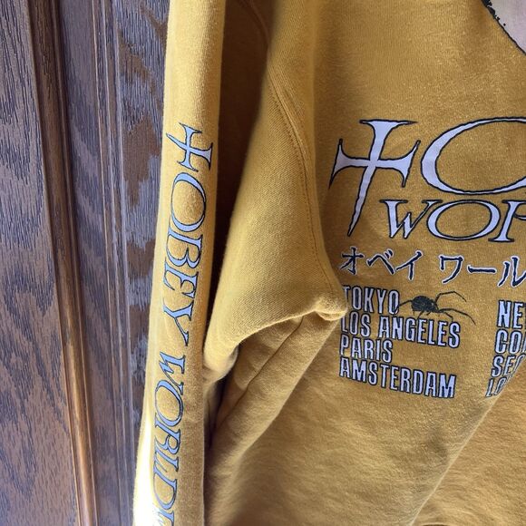 OBEY Logo Pullover Yellow Hooded Sweatshirt Hoodie Women's Size Large Butterfly - Picture 8 of 10